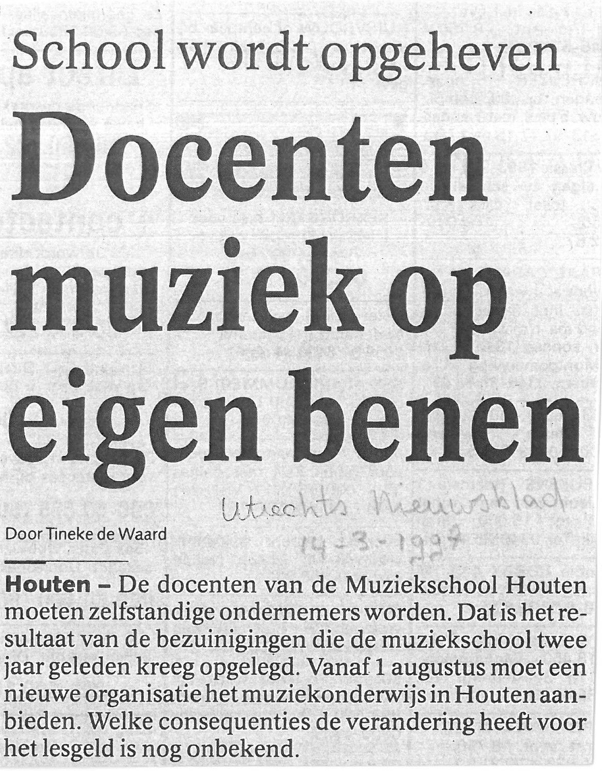 Nieuwsbericht opheffing Stichting Muziekschool Houten