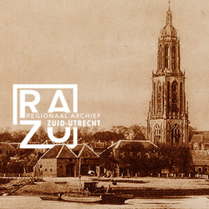 Het logo van het RAZU boven een oude afbeelding van Rhenen met de Cuneratoren