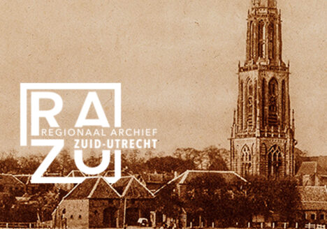 Het logo van het RAZU boven een oude afbeelding van Rhenen met de Cuneratoren