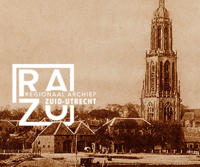 Het logo van het RAZU boven een oude afbeelding van Rhenen met de Cuneratoren