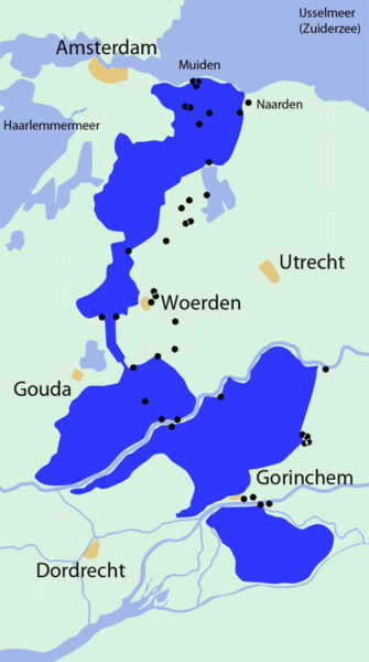 Een kaartje van het gebied van de Oude Hollandse Waterlinie