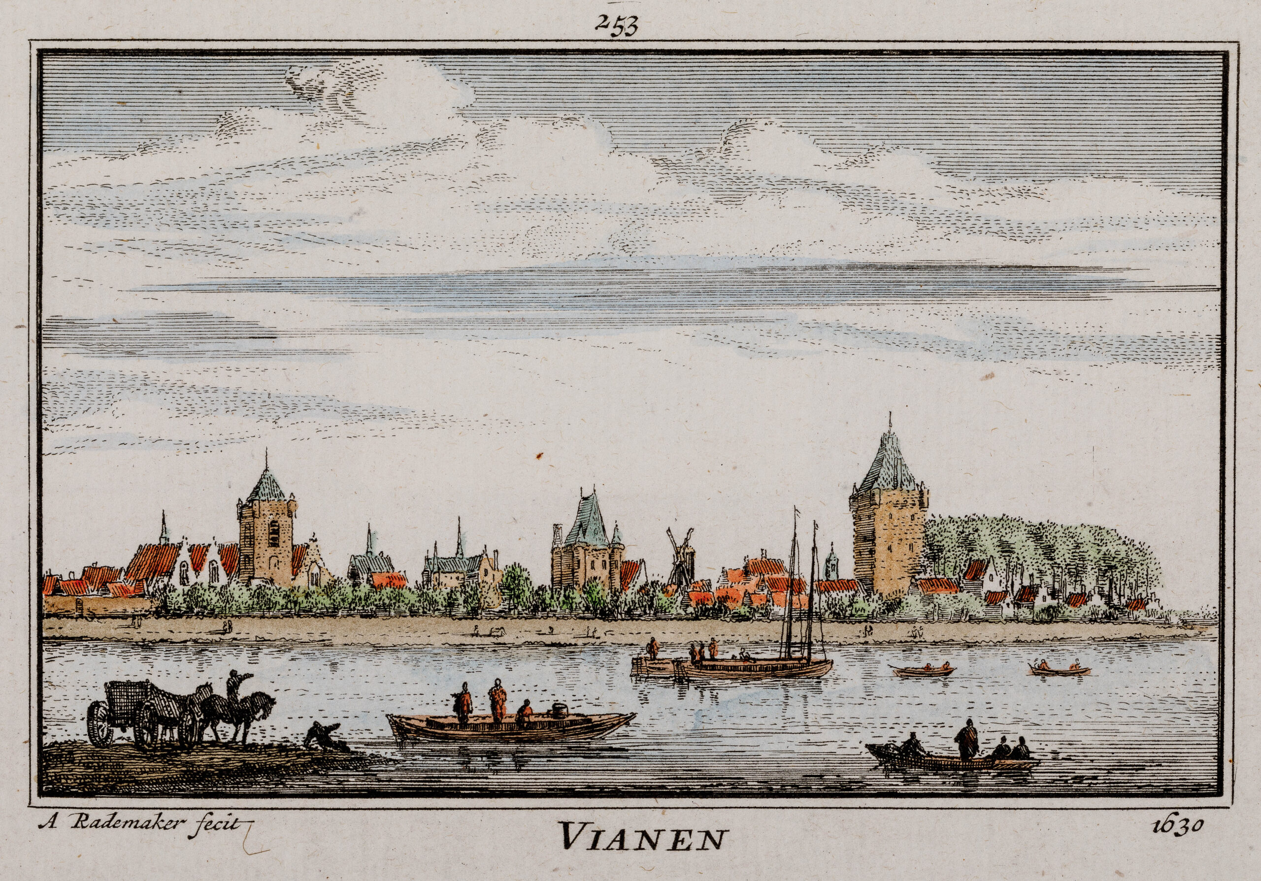 Gezicht over de Lek, met enkele vaartuigen waaronder een varende veerpont, op de stad Vianen met rechts de toren van huis Batestein naar de situatie van 1630. Barcode nr: 090176