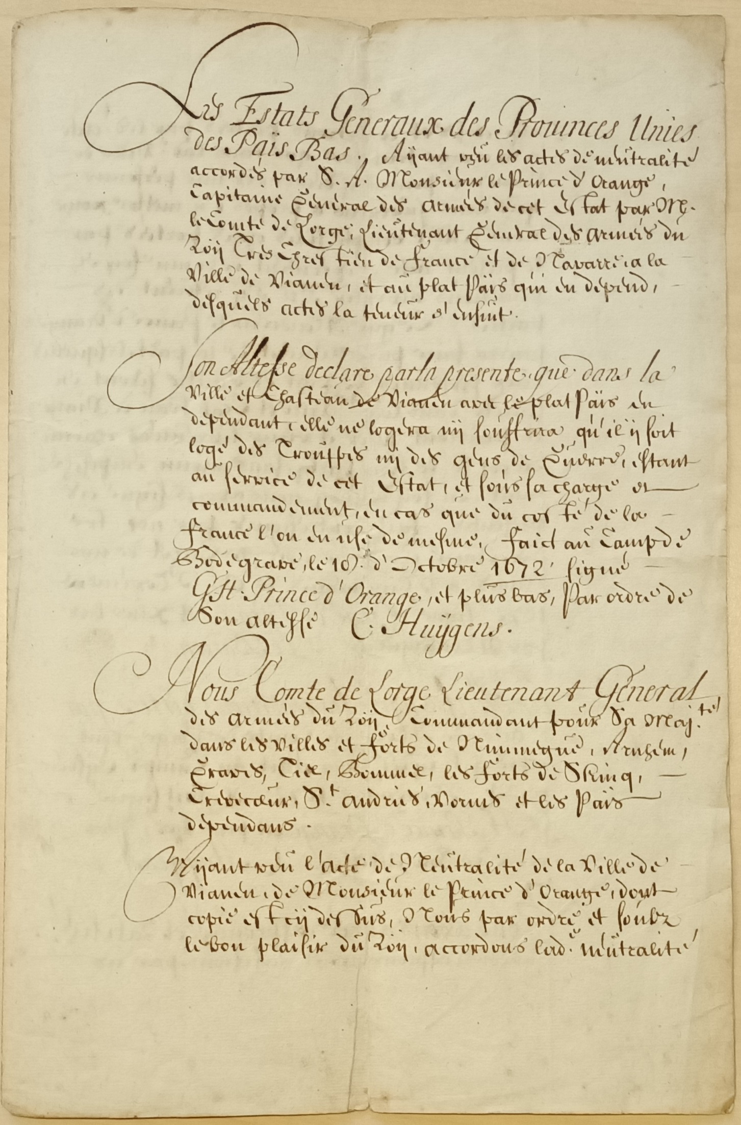RAZU, Bestuur van Stad en Land van Vianen 1534-1810 (413), inv. nr. 448, authentiek uittreksel uit het register van resoluties der Staten Generaal van stukken betreffende de neutraliteit van Vianen 1672.