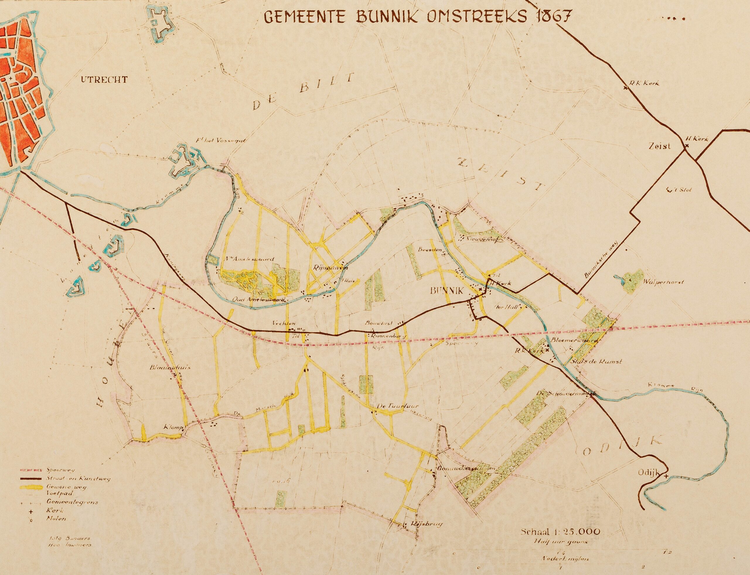 Gemeente Bunnik omstreeks 1867 (naar gemeentekaartje H. Suringar). Cat.nr. 57600