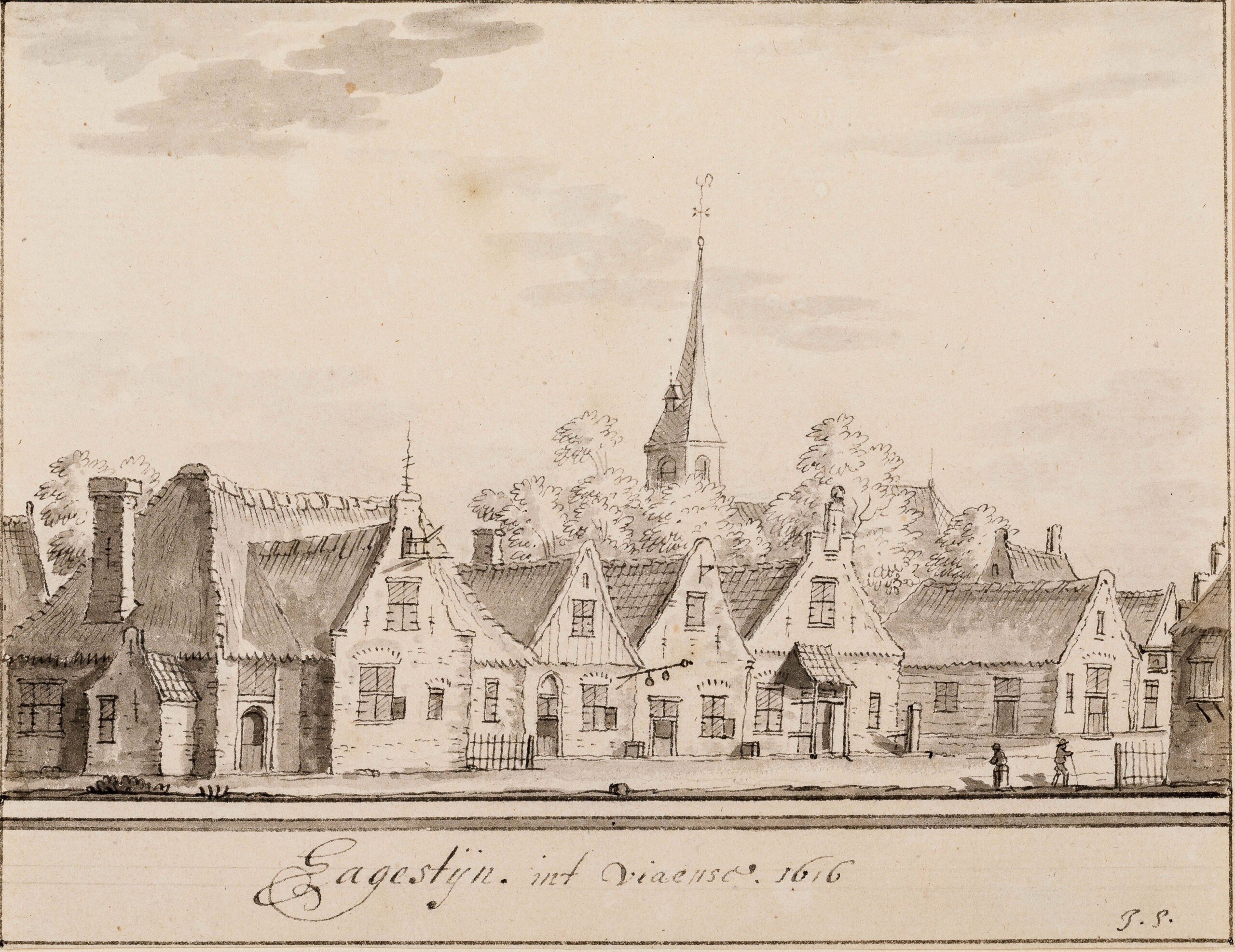 Gezicht in het dorp Hagestein met de NH-kerk op de achtergrond naar de toestand van 1616. Cat.nr. 90329