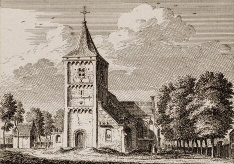 Gezicht op de voorzijde van de kerk te Odijk 1740-1750. Cat.nr. 57377