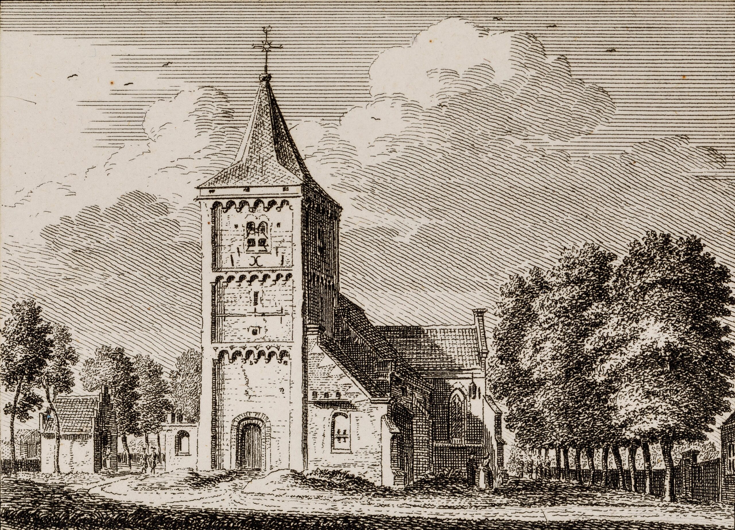 Gezicht op de voorzijde van de kerk te Odijk 1740-1750. Cat.nr. 57377