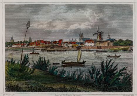 Gezicht over de Lek op de stad Wijk bij Duurstede met walmuur en molen Rijn en Lek 1840. Cat.nr. 96298