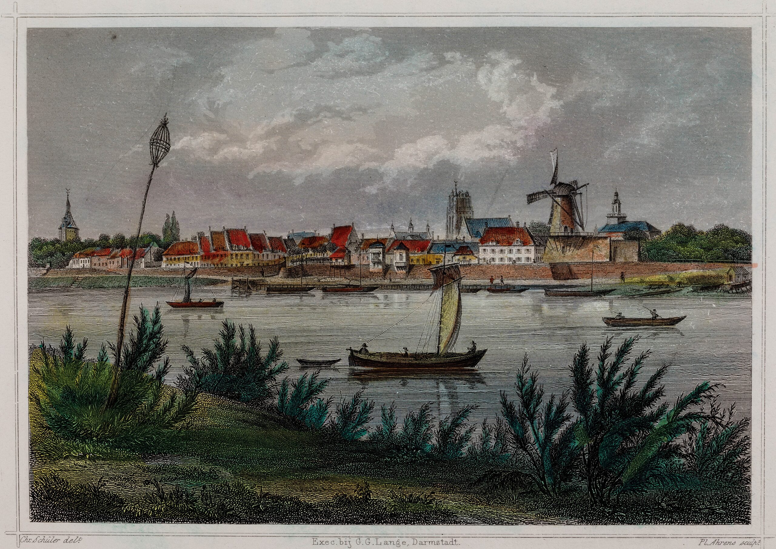 Gezicht over de Lek op de stad Wijk bij Duurstede met walmuur en molen Rijn en Lek 1840. Cat.nr. 96298