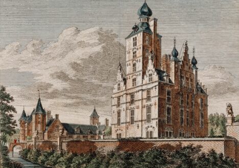 Gezicht, over de gracht en tuinmuur, op huis Zuylestein te Leersum 1740-1750. Cat.nr. 70325
