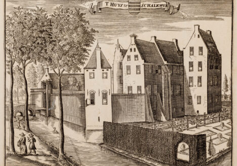 Gezicht over de gracht op de voorzijde van huis Schalkwijk ca. 1700. Cat.nr. 41958