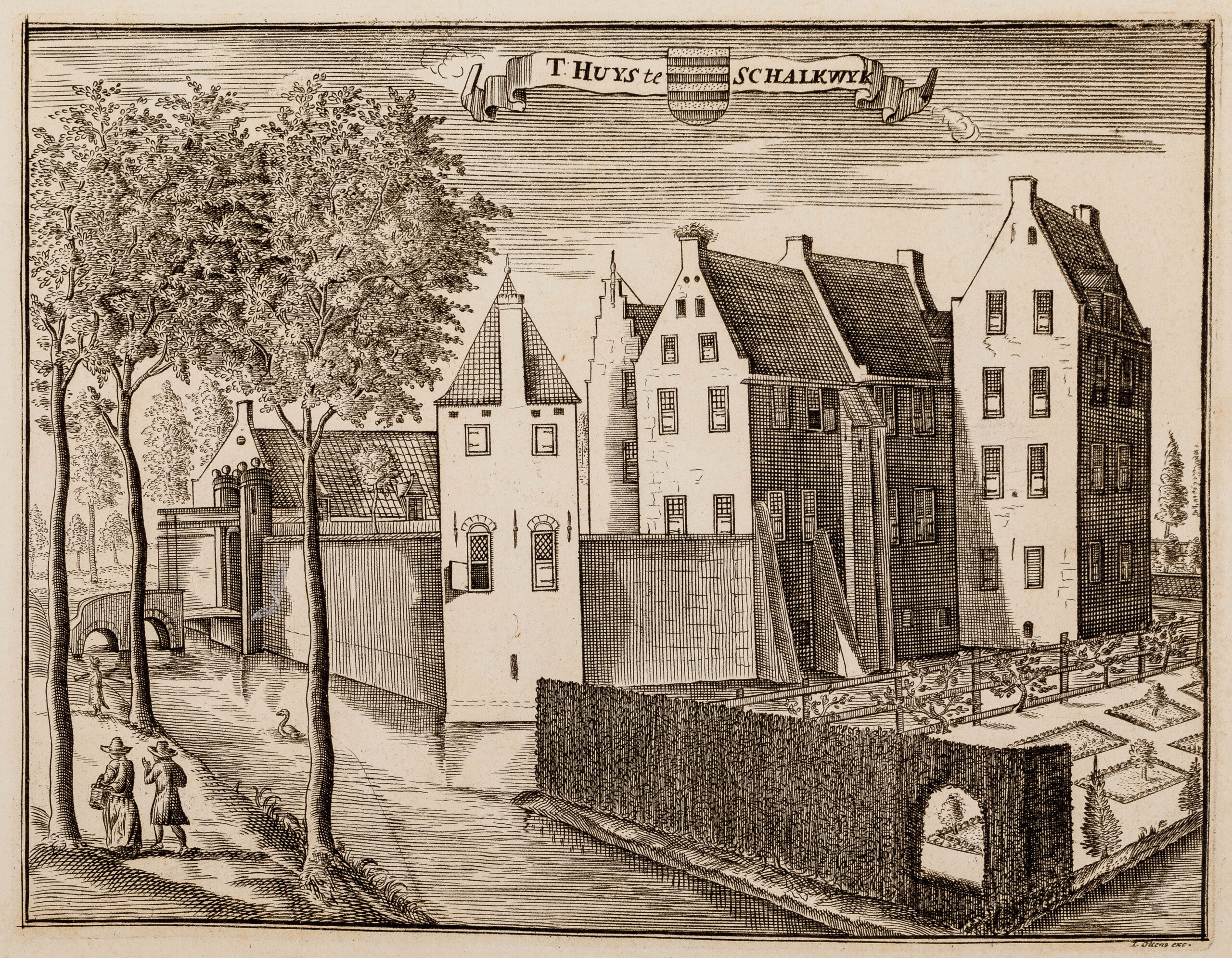 Gezicht over de gracht op de voorzijde van huis Schalkwijk ca. 1700. Cat.nr. 41958