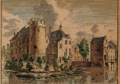 Gezicht over de gracht op de voorzijde van huis Schonauwen, 1740-1750. Cat.nr. 41993