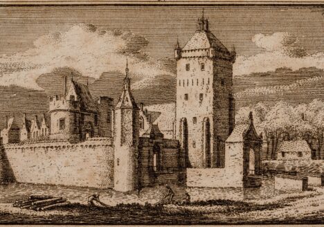 Gezicht over een gracht op huis Batestein te Vianen naar de toestand van 1607. Cat.nr. 90175