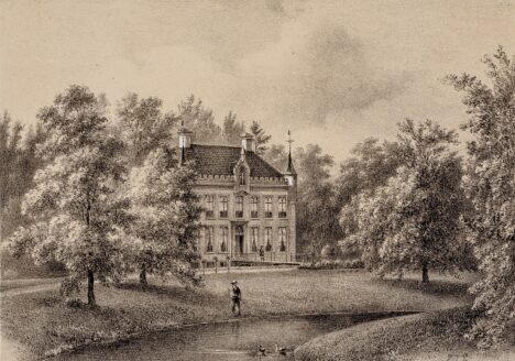 Gezicht, over een vijver, op de voorgevel van huis Maarsbergen 1869. Cat.nr. 27986