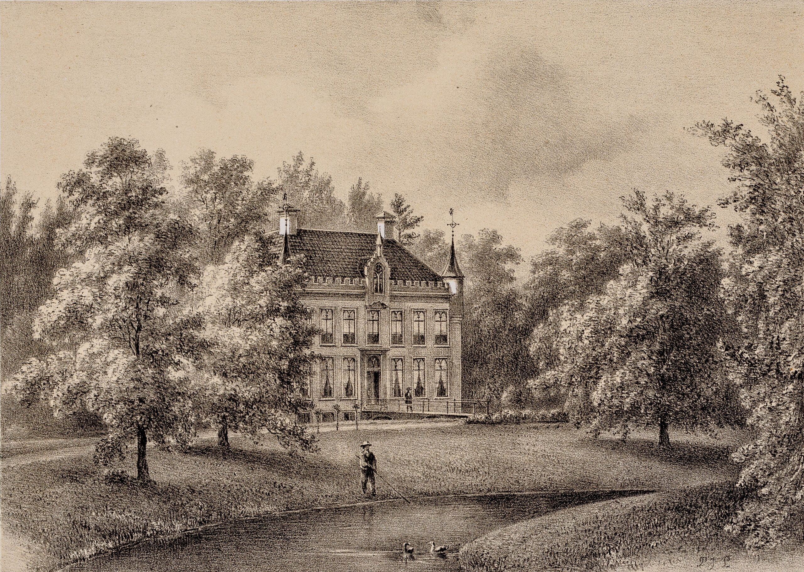 Gezicht, over een vijver, op de voorgevel van huis Maarsbergen 1869. Cat.nr. 27986