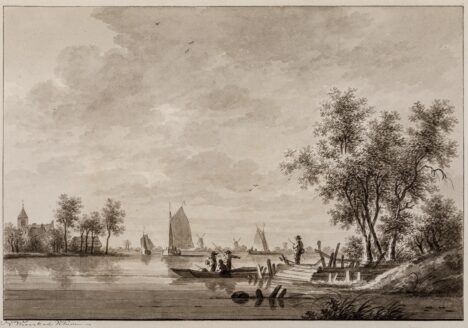 Gezicht vanuit de verte op het dorp Honswijk, met kerktoren en twee molens op de achtergrond, met op de voorgrond de rivier de Lek met boten. Cat.nr. 54193