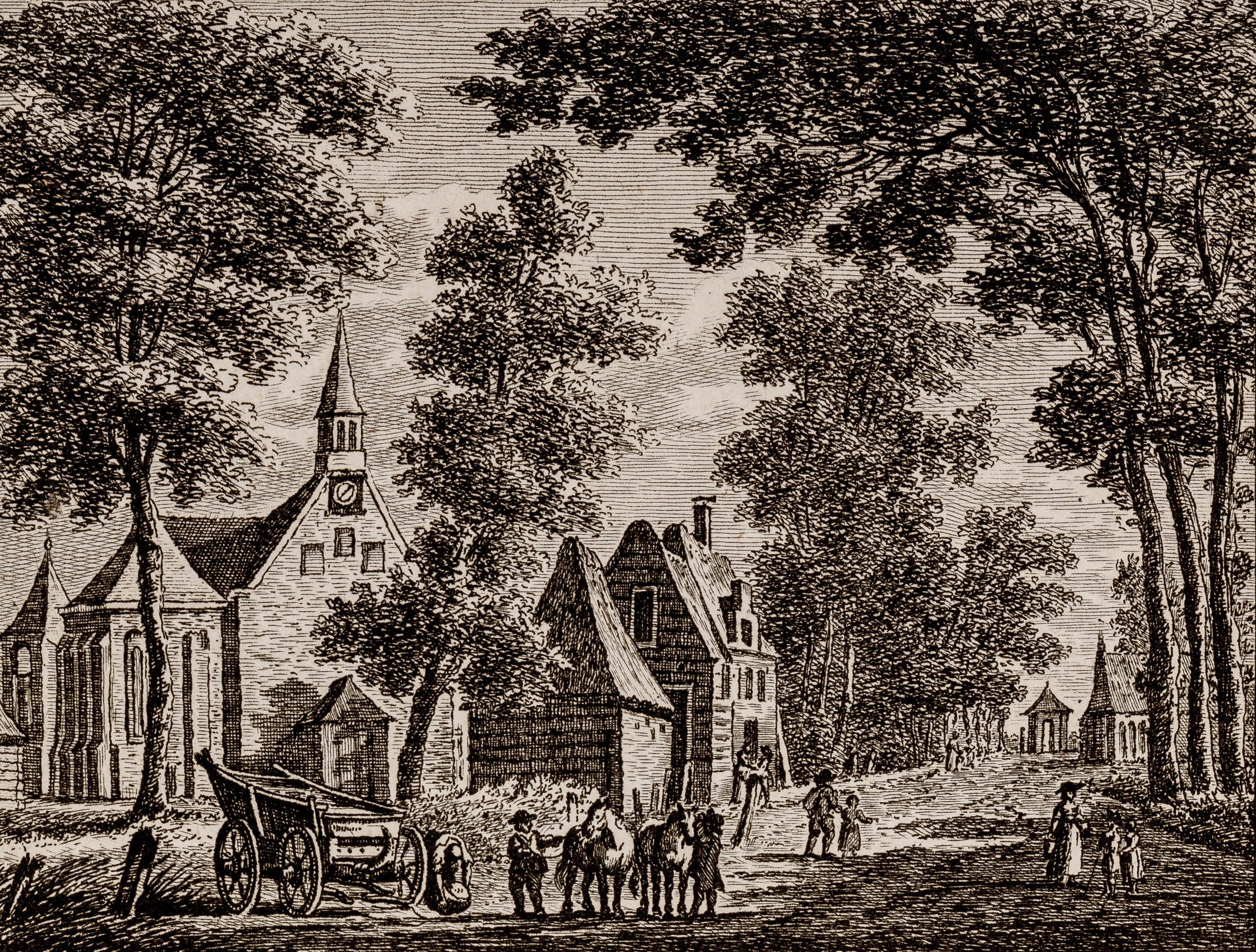 Gezicht vanuit het noorden op de Brink, de diaconiehuisjes en de NH-kerk te Cothen. Cat.nr. 96077