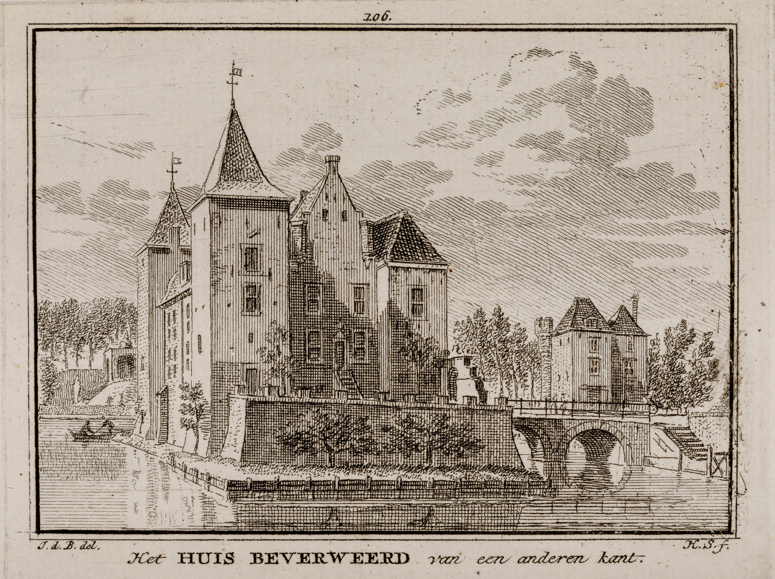 Gezicht vanuit het noorden op kasteel Beverweerd met gracht en brug te Werkhoven. Cat.nr. 57386