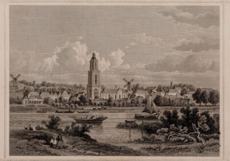 Gezicht vanuit het zuiden over de Rijn op de stad Rhenen 1768. Cat.nr. 110143