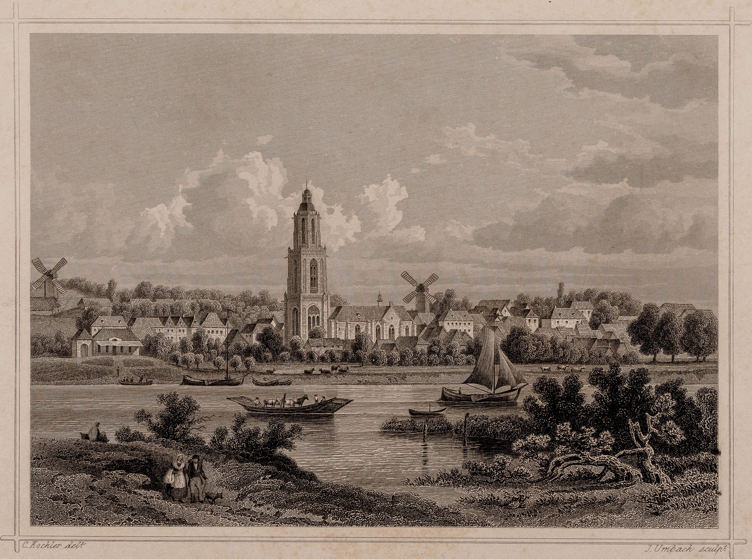 Gezicht vanuit het zuiden over de Rijn op de stad Rhenen 1768. Cat.nr. 110143