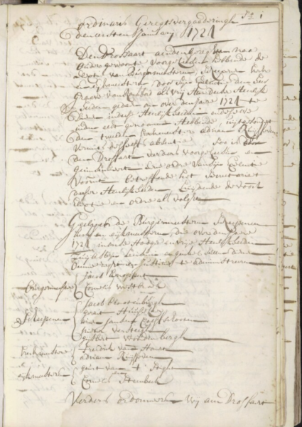 Een gedigitaliseerde pagina van de gerechtsvergadering van Leersum uit 1724.