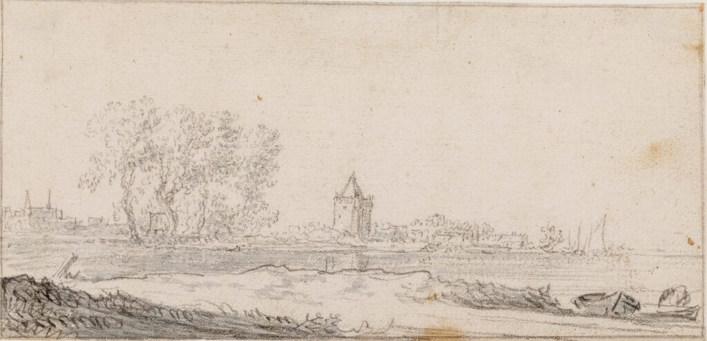 Van Goyen, Gezicht over de Lek, met een bootje aangemeerd op de oever, op de stad Vianen. Cat.nr. 90200