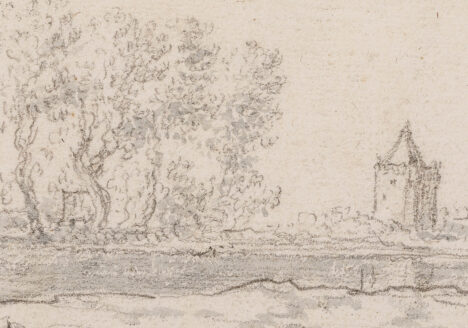 Van Goyen, Gezicht over de Lek, met een bootje aangemeerd op de oever, op de stad Vianen. Cat.nr. 90200