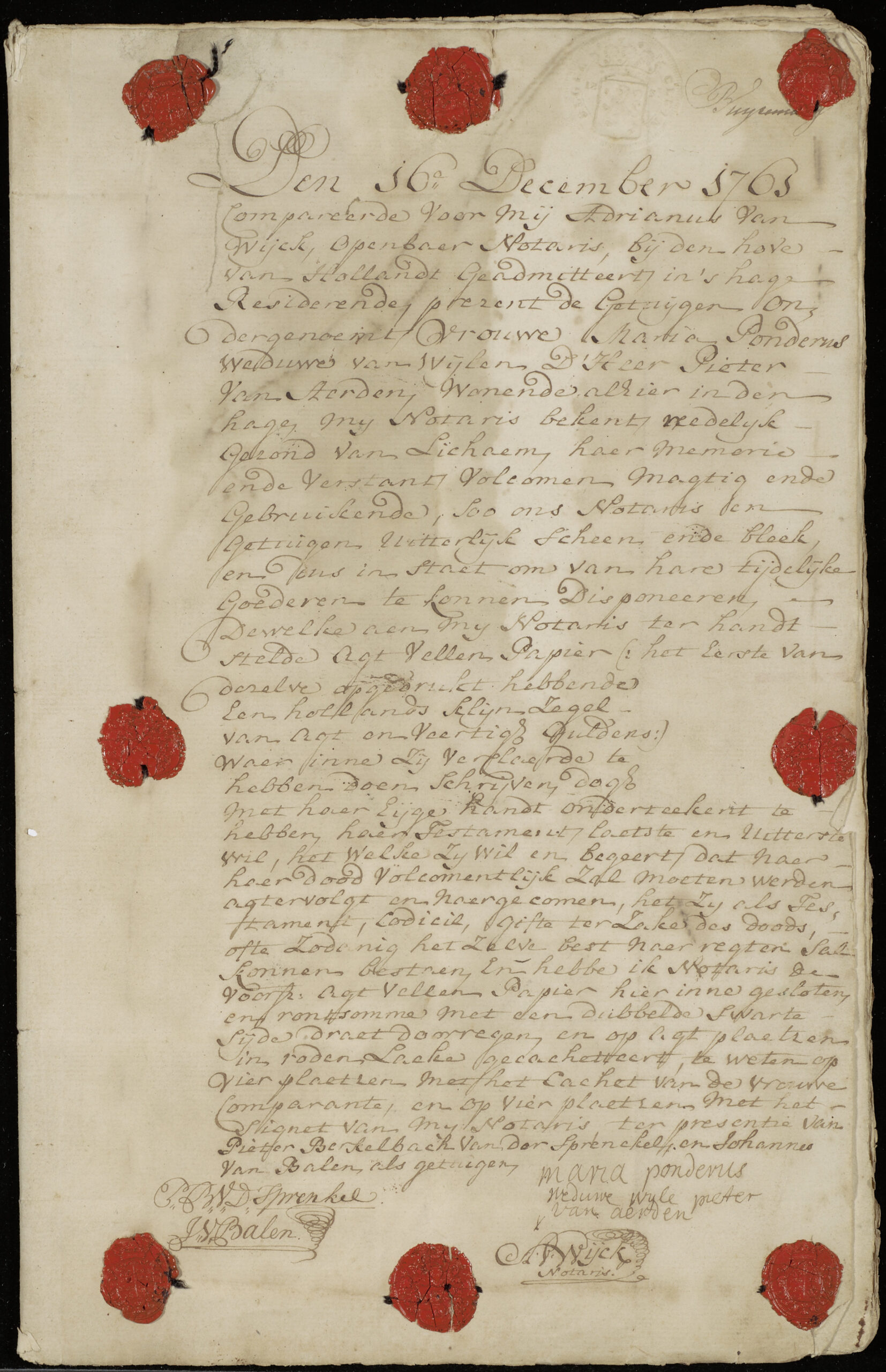 Testament van Maria Ponderus, weduwe van Pieter van Aerden; met bijlagen, 1761-1769. RAZU Toegang 521, Inventarisnummer 11