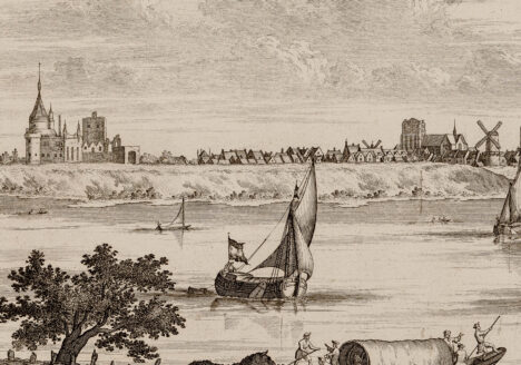 Gezicht over de Lek (met veerschuit en houtvlot) op de stad Wijk bij Duurstede met kasteel en drie molens, archieftoegang 240, cat.nr. 96324