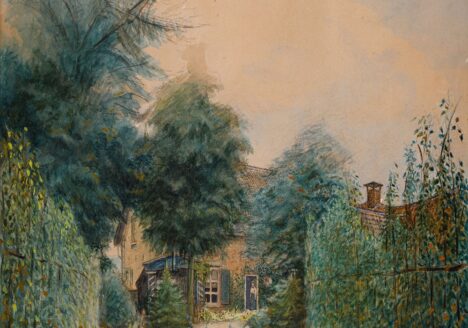 Pasteltekening van J.J. van Noorle Jansen. afbeelding van huis Stadwijk te Amerongen met A.M. van Noorle Jansen in de deuropening. Toegang 238, inventarisnummer 59, catalogusnummer 125086.