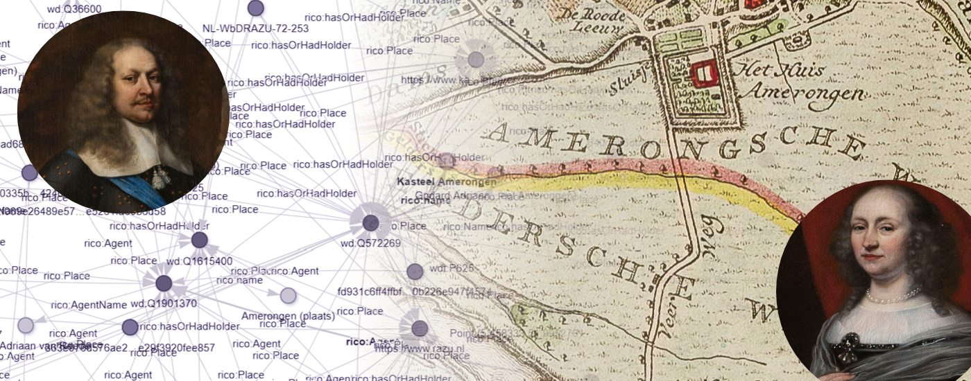 Een combinatie afbeelding waarop Godard van Reede en Margaretha Turnor zijn afgebeeld op een dubbele achtergrond. Rechts een netwerk van datapunten uit de collecties van het RAZU, HUA en SKA, links een oude kaart met daarop Huis Amerongen te zien.