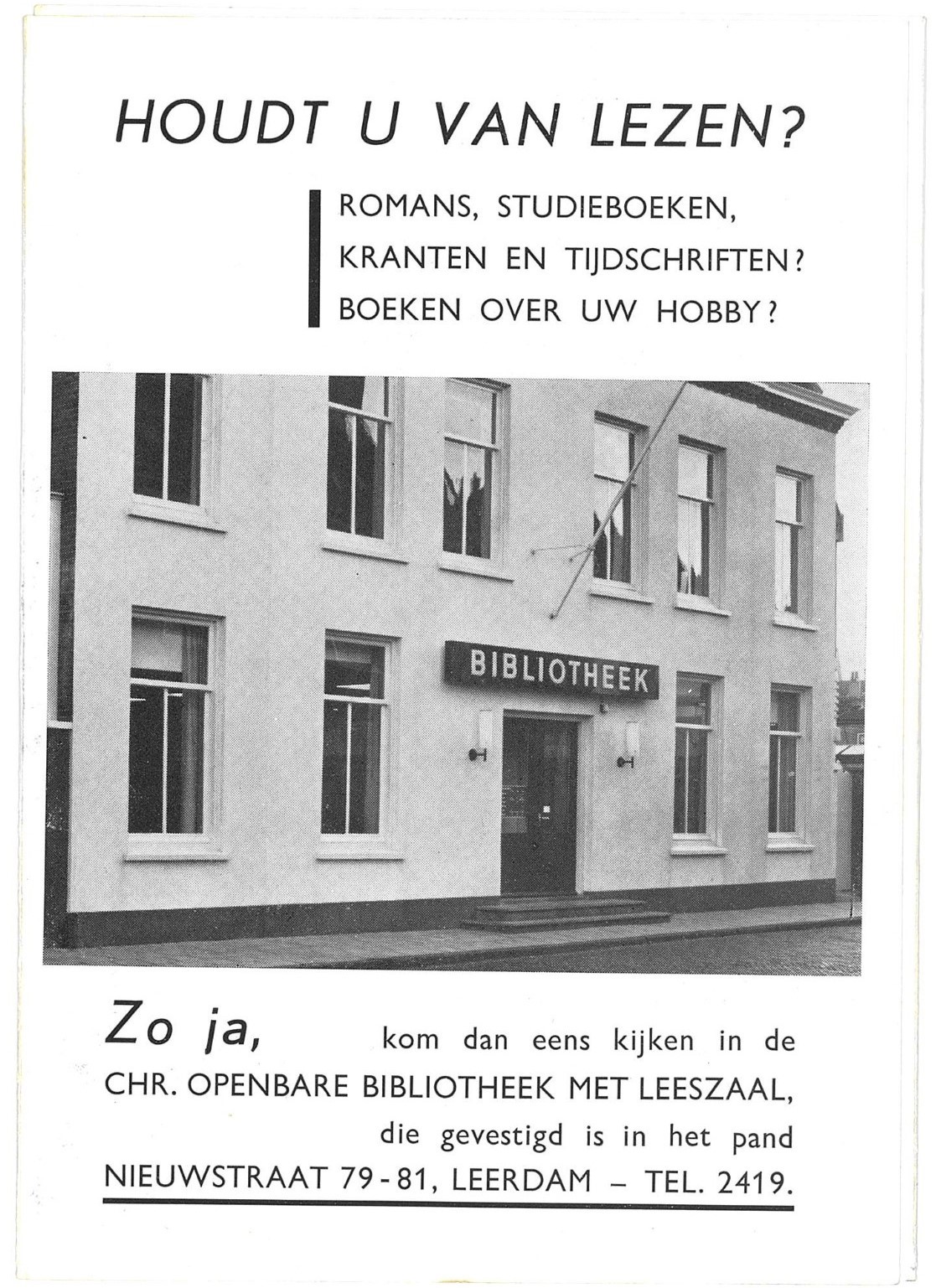 Advertentie voor de Christelijke openbare bibliotheek in Leerdam