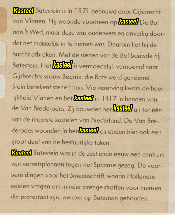 Voorbeeld van de markering van een zoekterm ('kasteel') op een krantenpagina in de nieuwe zoekomgeving. Afbeelding 3. Voorbeeld van de markering van een zoekterm ('kasteel') op een krantenpagina in de nieuwe zoekomgeving.