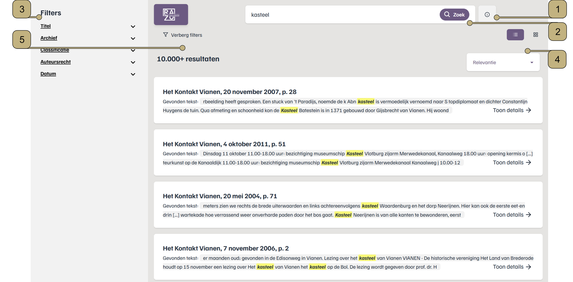 Afbeelding 5. Screenshot van zoekresultaten met daarop een aantal elementen aangewezen met lichtbruine genummerde blokjes. Afbeelding 5. Screenshot van zoekresultaten met daarop een aantal elementen aangewezen met lichtbruine genummerde blokjes.