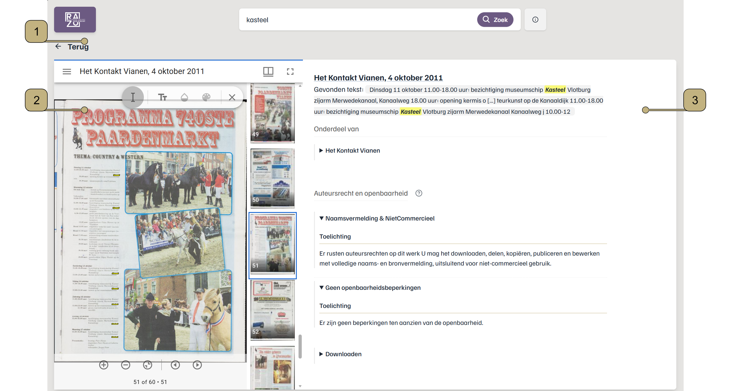 afbeelding6-startscherm.zoekresultaten Afbeelding 6. Screenshot van de details van een zoekresultaat met daarop een aantal elementen aangewezen met lichtbruine genummerde blokjes.