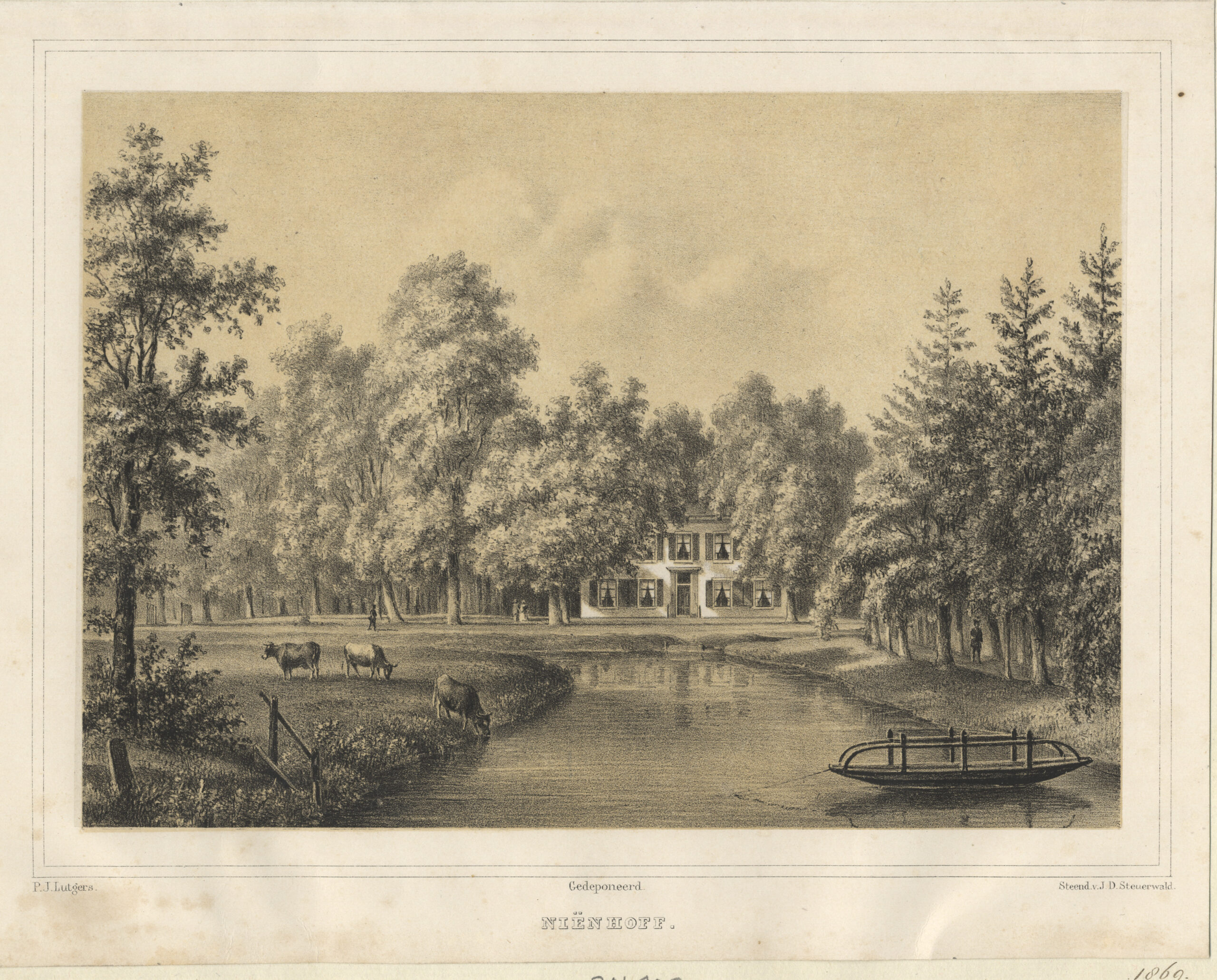 Landgoed Niënhof Prent uit 1869 van landgoed Niënhof, omzoomd met een pastoraal landschap
