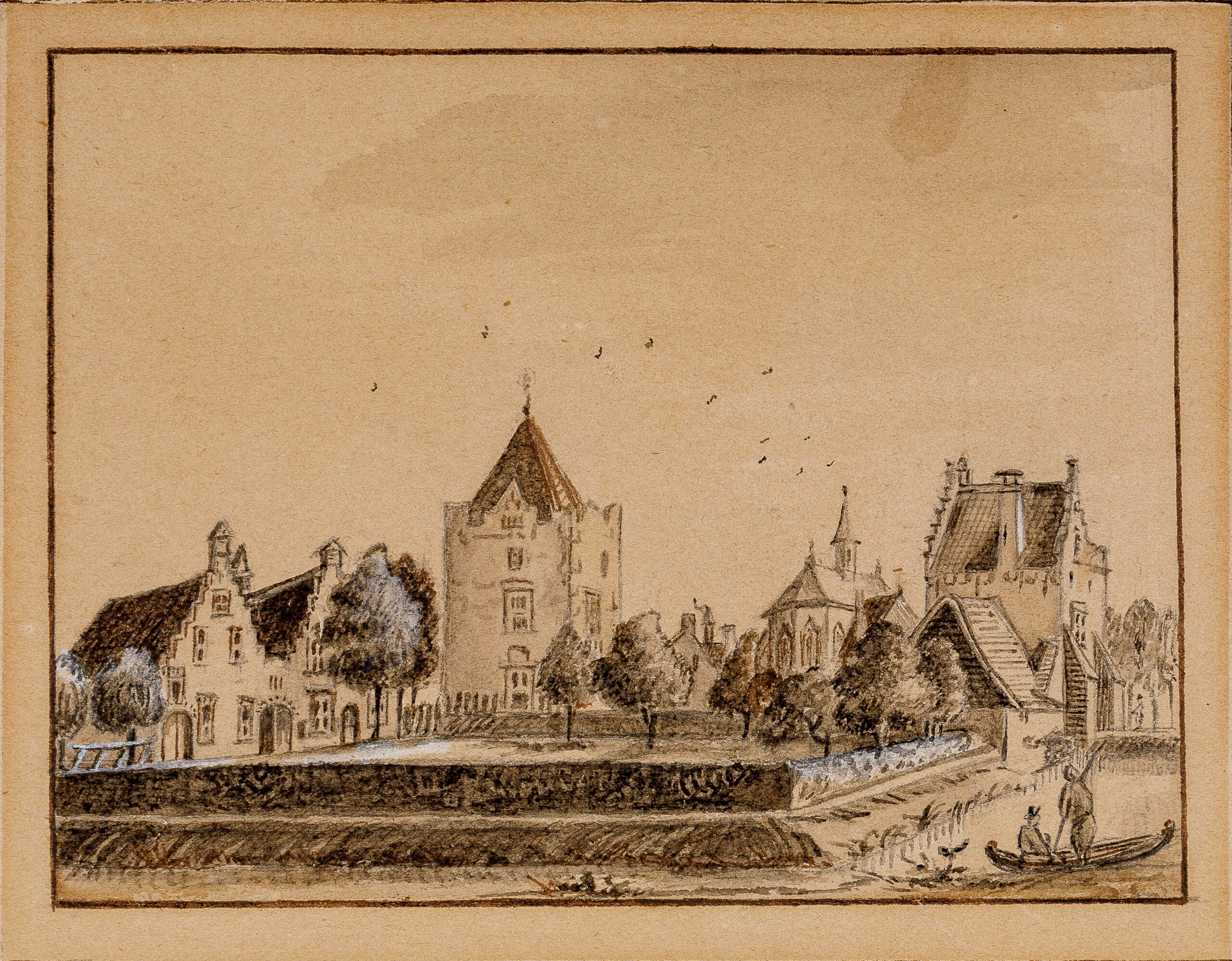 Gezicht vanuit het oosten op kasteel Rhijnesteyn en de NH-kerk te Cothen toegang 263, inv.nr: 5, barcode 096073